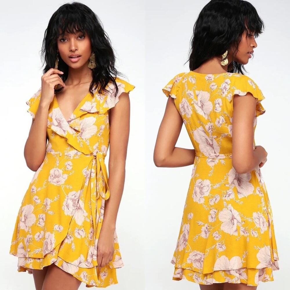 Free People French Quarter Yellow Floral Print Wrap Dress size XS